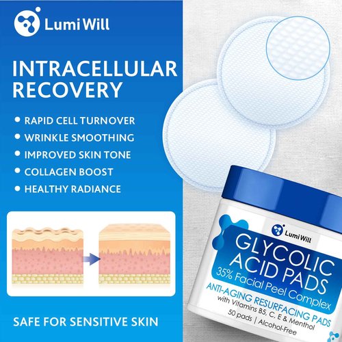 Glycolic Acid Pads - Exfoliating Pads with Glycolic Acid, Vitamins B5, C, E & Menthol - Peel Pads for Acne - Anti-Aging Glycolic Acid Resurfacing Pads for Fine Lines and Wrinkles - 50 Pads