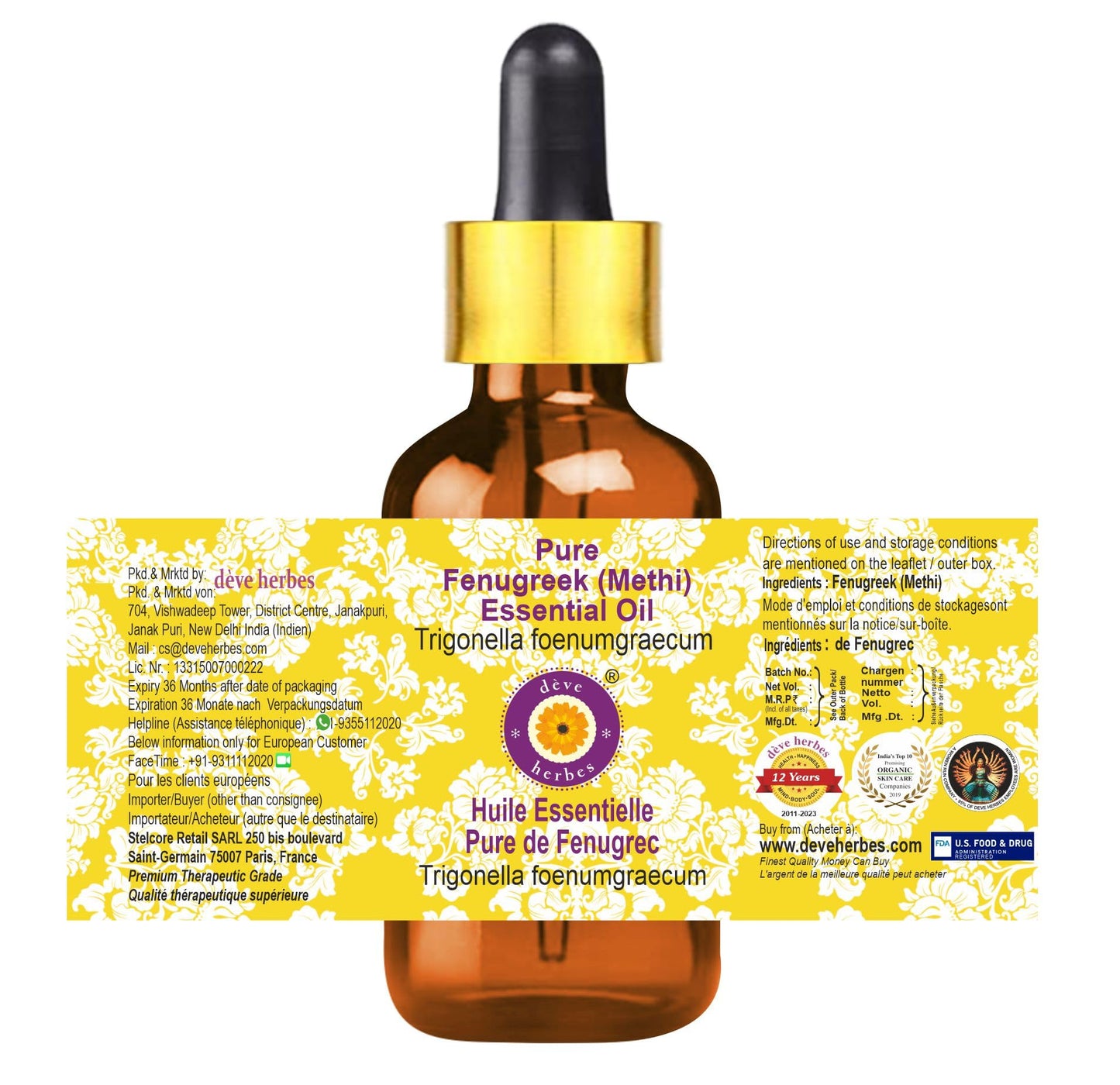 Deve Herbes Pure Fenugreek (Methi) Essential Oil (Trigonella foenumgraecum) with Glass Dropper Steam Distilled 15ml (0.50 oz)