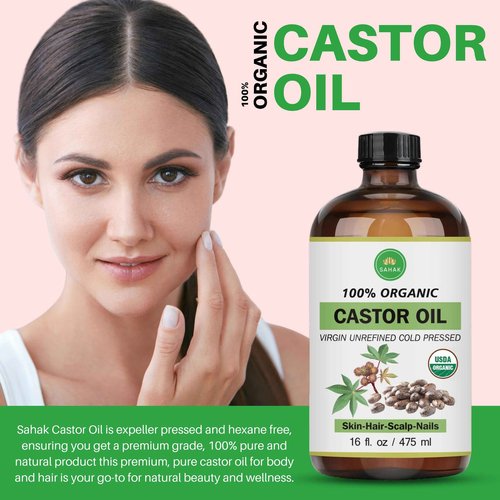 Castor Oil Organic - Cold Pressed USDA Certified, for Hair Growth Hexane-Free Extra Virgin for Skin Castor Oil Pack Stimulates Lashes & Eyebrows, 100% Pure - 16oz Glass Bottle