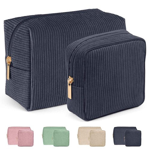 MAGEFY Makeup Bag for Purse, 2 Pcs Corduroy Cosmetic Bag for Girls Women Small Travel Makeup Pouch with Zipper (Grey)
