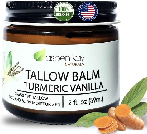 Aspen Kay Naturals Handmade 100% Grass Fed Beef Tallow Balm for Skin Care, Organic Turmeric Moisturizer + Vitamin C (Turmeric Vanilla) Organic Body Butter - 2 fl. oz. Made in USA