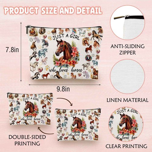 SHLINCO Equestrian Makeup Bag - Cute Horse Print Cosmetic Pouch for Girls & Teens | Horse Lover Gifts for Women, Birthday Gift | Travel Toiletry Organizer Accessories