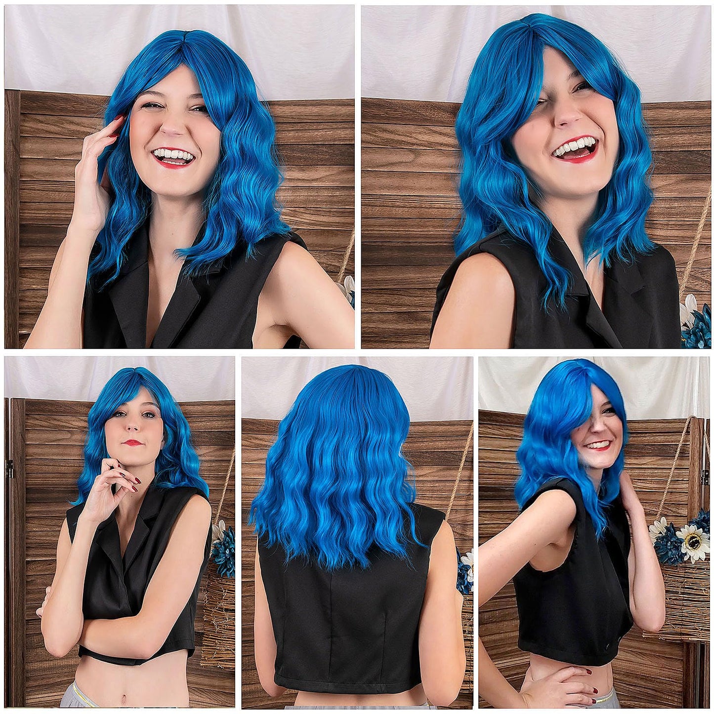 HAIRUP Blue Wig with Bangs for Women, Short Wavy Curly Royalblue Wigs 14 Inch Medium Length Colored Wig Party Cosplay Halloween Dark Blue Wigs