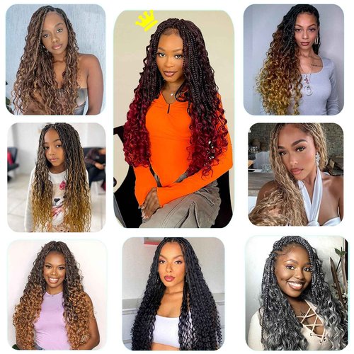LIYATE 24 Inch Grey Crochet Hair for Women 7 Packs Goddess Box Braids Crochet Hair Pre Looped Synthetic Bohomian Crochet Braids with Curly Ends Braiding Hair Extensions, 1B/Gray