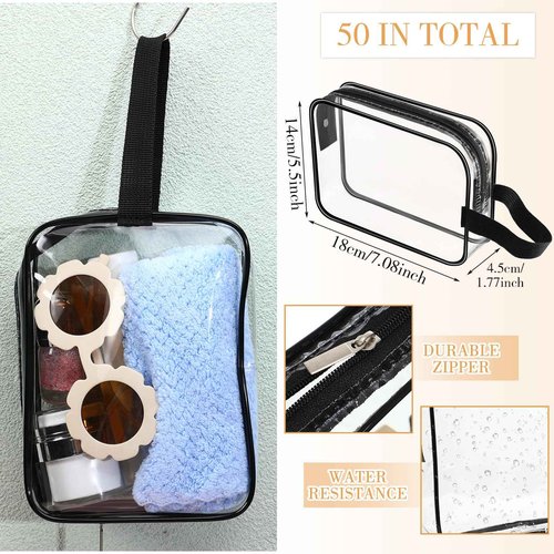 Silkfly Clear Toiletry Bag PVC Travel Cosmetic Bag with Handle Strap Makeup Pouch with Zipper Summer Vacation Salon Graduation Gift End of the Year Gifts(Black,24 Pack)