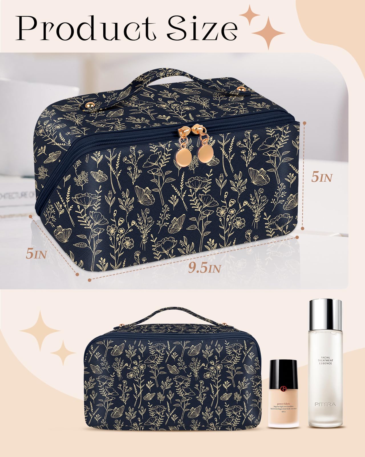 Bistup Makeup Bag Travel Cosmetic Bag Toiletry Make Up Bags Cute Women Large Capacity Big Medium Leather Black and Gold Floral Aesthetic Girl Teen Teenage Square Foldable Expandable Open Flat Zip