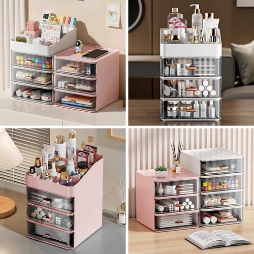 DASITON 6 Slots Makeup Brush Holder,Makeup Organizer,Makeup Brush Holder with 2 Drawers,Divided Makeup and Makeup Storage Holder,for Cosmetics(Pink-F1)