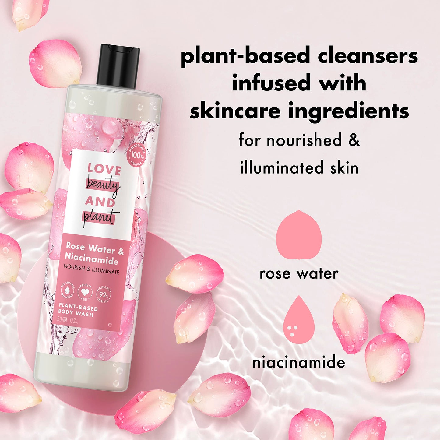 Love Beauty and Planet Plant-Based Body Wash Nourish and Illuminate Skin Rose Water and Niacinamide Made with Plant-Based Cleansers and Skin Care Ingredients, 100% Biodegradable 20 fl oz