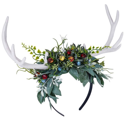 MOSTORY Handmade White Antler Headband with Green Leaves - Woodland Deer Horns Hairband Forest Reindeer Headpiece with Fruits for Women Girls Renaissance Hallowen Cosplay Photo Shoot