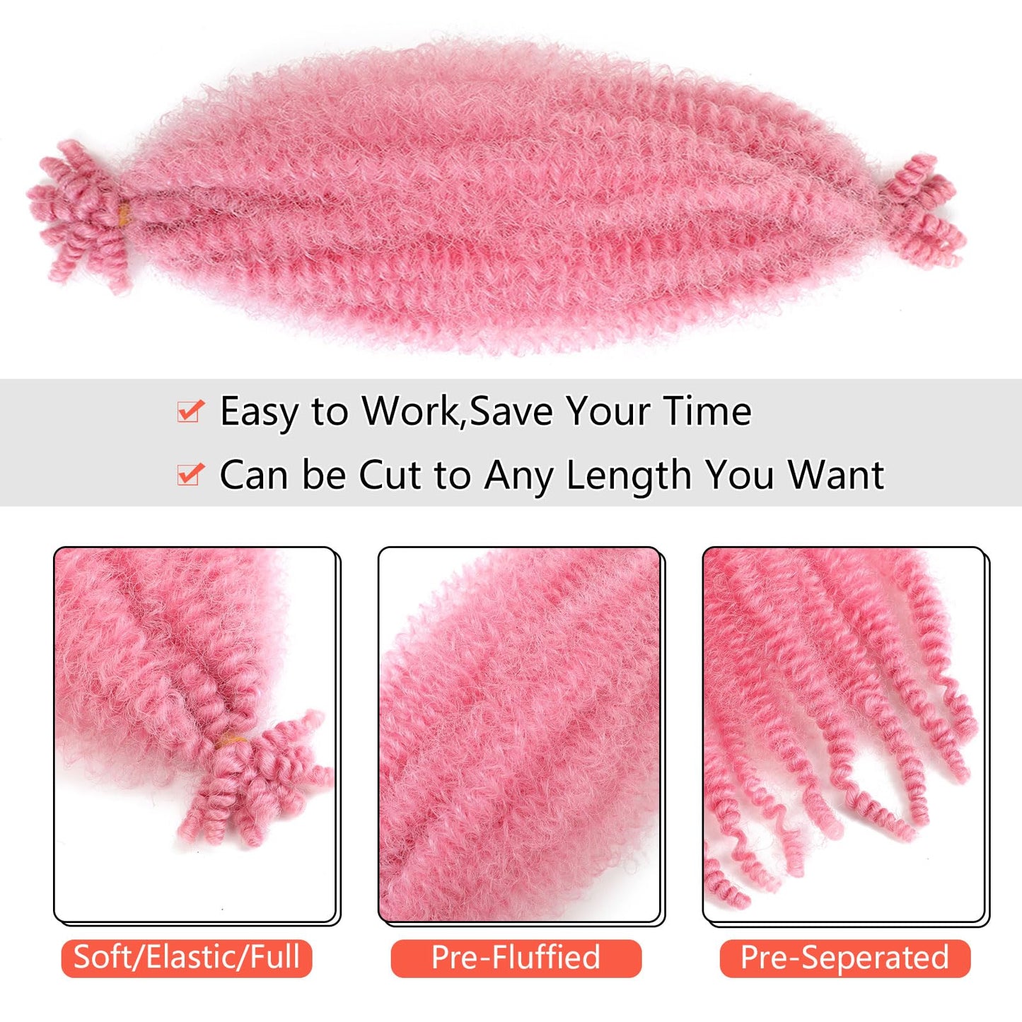 Pink Marley Twist Braiding Hair, 10 Inch 4 Packs Soft Springy Afro Kinky Twist Hair For Braiding,Pre-Stretched Pre-Fluffed Spring Twist Hair（10in,4packs,Pink#)