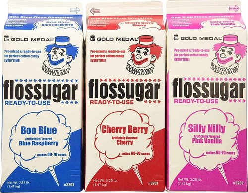 Concession Essentials Candy Floss Sugar- Blue Raspberry, Pink Vanilla, Cherry, 3.25 lb Cartons, 3 Count