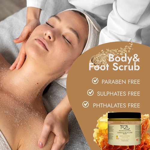 Premium Taza Oats and Honey Dead Sea Salt Scrub, 473 ml 24 oz (670 g) Exfoliates Your Skin Leaving it Soft and Hydrated Contains: Coconut Oil, Shea Butter, Grapeseed Oil, Sweet Almond Oil, 26 Minerals