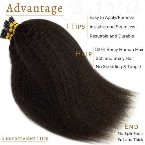 Caliee I Tip Hair Extensions Real Human Hair Kinky Straight, 18inch Natural Hair Extensions Human Hair for Black Women Natural Black Color Real Remy Hair Extension I Tips Hair Thick End 50G 50s/pack