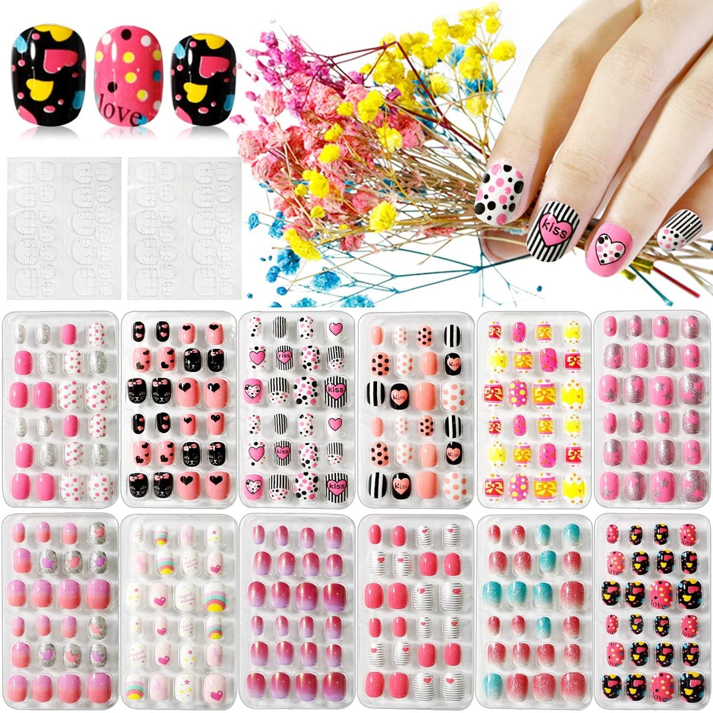 Kalolary 288PCS kids False Nail, Press on Pre-glue Full Cover Candy Pattern Short False Nail Kits with 48PCS Nail Adhesive Tabs, Valentine's Day Lovely Gift for Kids Little Girls Nail Art Decoration