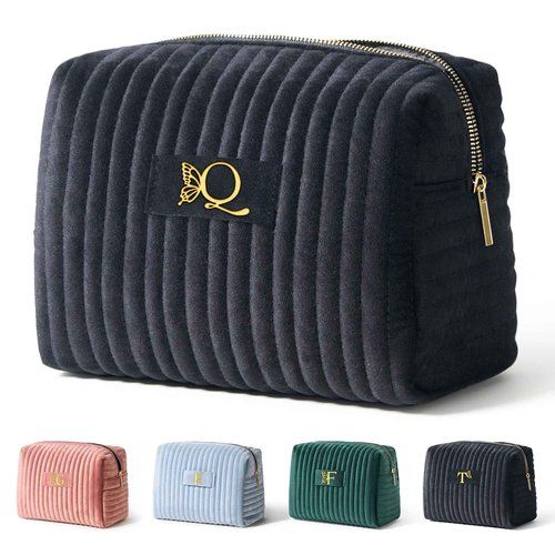 COSHAYSOO Travel Makeup Bag Quilted Make Up Pouch Initial Velvet Cosmetic Case with Butterfly Decorations for Women Cosmetics Complexion Skincare Products Tools Accessories Organizer Black Letter Q