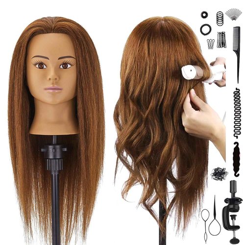 100% Human Hair Mannequin Head Hair Styling Training Head Cosmetology Manikin Head Doll Head for Hairdresser with Clamp Holder and Tools