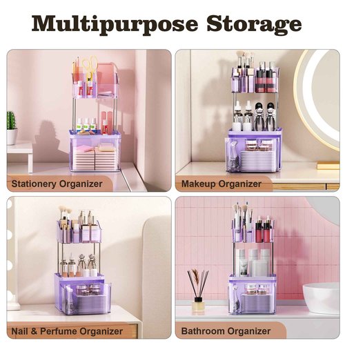 DOADW Small Makeup Organizer with Drawer - 3 Tier Bathroom Organizer Countertop - Multi-Purpose Skin Care for Vanity, Cosmetic Counter Organizer (Purple)