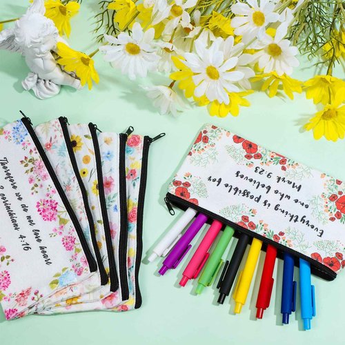Sabary 12 Pcs Christmas Makeup Bags Gifts for Women Bulk Christian Bible Verse Cosmetic Bags Pencil Pouch Inspirational Flower Cosmetic Pouch Religious Church Gifts for Mom Sister(7.8 x 3.8 Inch)