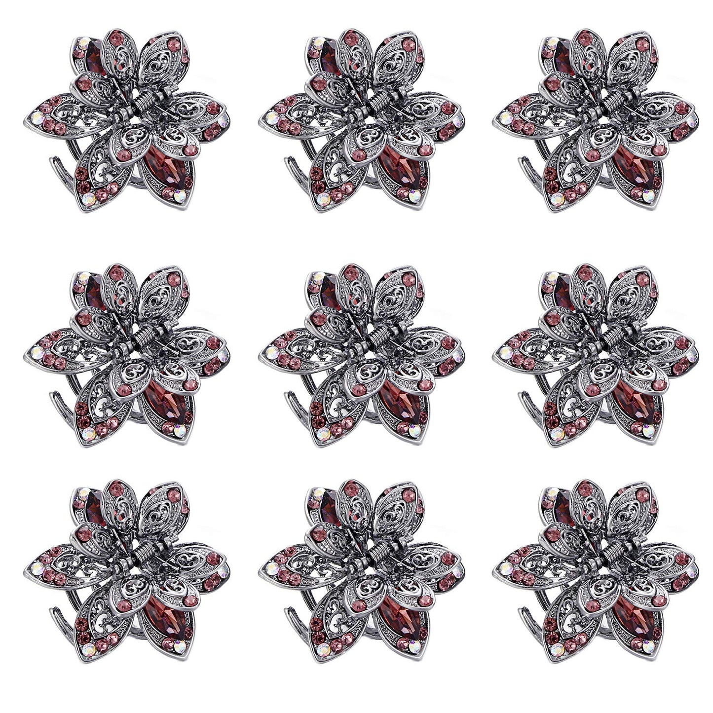 MOTZU 9 Pack Mini Jaw Clips, 1.5 inch Metal Crystal Hair Claws, Non-Slip Flower Barrette, Vintage Metal Rhinestone Hair Clip Accessories for Women Girls, Red