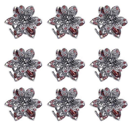 MOTZU 9 Pack Mini Jaw Clips, 1.5 inch Metal Crystal Hair Claws, Non-Slip Flower Barrette, Vintage Metal Rhinestone Hair Clip Accessories for Women Girls, Red