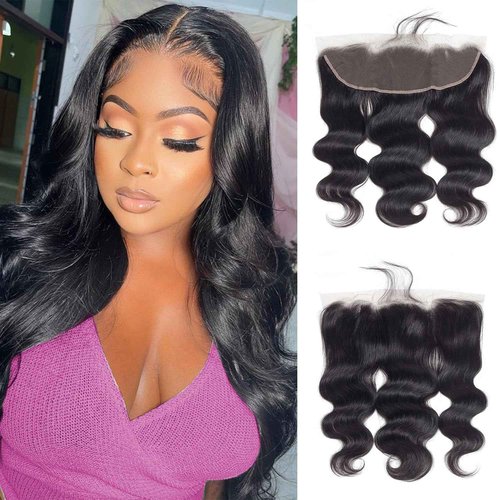 FEHOKA 13x4 Human Hair Lace Frontal 16 Inch Body Wave, Can be Curly and Dyed, Middle Part, With Baby Hair (16 Inch, 13x4 Black)