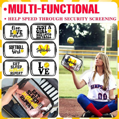 Reginary 12 Pcs 7 x 4.7 x 2.4'' Softball Makeup Bag Softball Gifts for Team Clear PVC Softball Cosmetic Case Softball Goodie Bag Stuffers Accessories for Woman Toiletry Zipper Pouch Team Party Favors