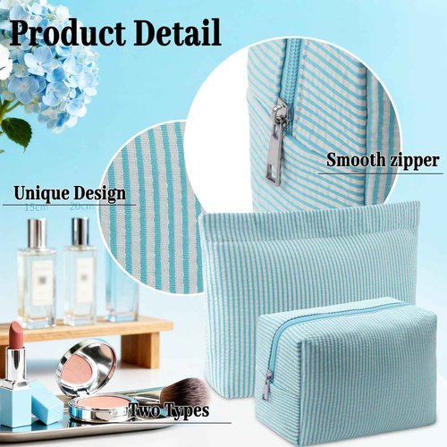 URSKYTOUS 2Pcs Makeup Bag Set for Women Large Small Striped Makeup Bags Cute Travel Toiletry Bags with Zipper Blue Cosmetic Bag Aesthetic Cosmetic Purse Pouch Skincare Brushes Storage Organizer