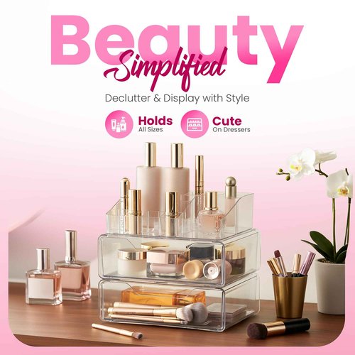 Clear Makeup Organizer - Acrylic Cosmetic Vanity Storage Organizers for Girls Dresser, Bathroom, Desk Counter - Plastic Make Up Holder, Jewelry Box (2-Drawer | Multi Compartments)