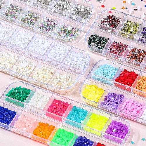 5 Boxes Gold & Silver Metal Nail 3D Punk Studs Star Moon Heart Triangle Square Rivet Gems Nail Art Jewels with a Curved Tweezers and a Nail Brush and a Wax Pen Picker (6-Rhinestones kit-3)