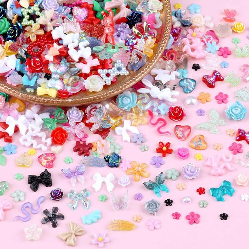 Sinyanail 300 Pieces 3D Mix Assorted Resin Nail Charms Hollow Pearl Heart Nail Art Charms Gems Gummy Bear Star Heart Flowers Acrylic Beads