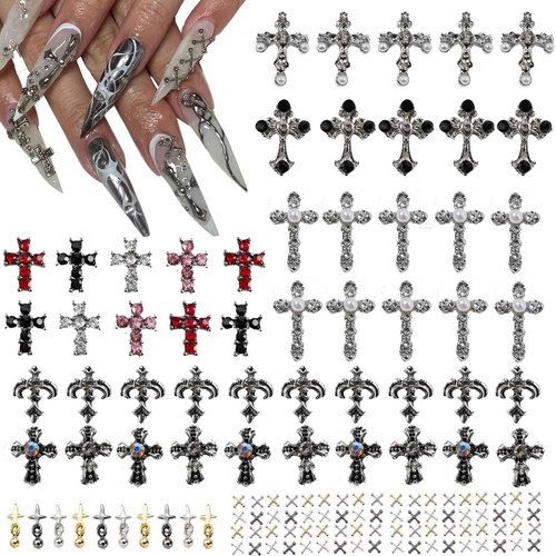 ZUMILLMN 100pcs Cross Nail Charms, 3D Nail Decorations for Nail Art, Pearl Gems Diamond Nail Decor, Metal Alloy Crystal Rhinestones Nail Studs for Women Girl DIY Jewelry Cellphone Crafts（100pcs）