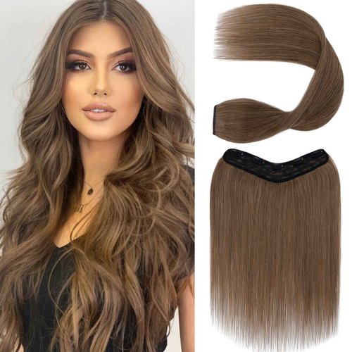 S-noilite One Piece Clip in Hair Extensions Human Hair One Piece/5 Clips 3/4 Full Head V Part Weft Thicker Hair Lace Net One Piece Hair Extensions Clip in Human Hair (12"-50g,#06 Light Brown)