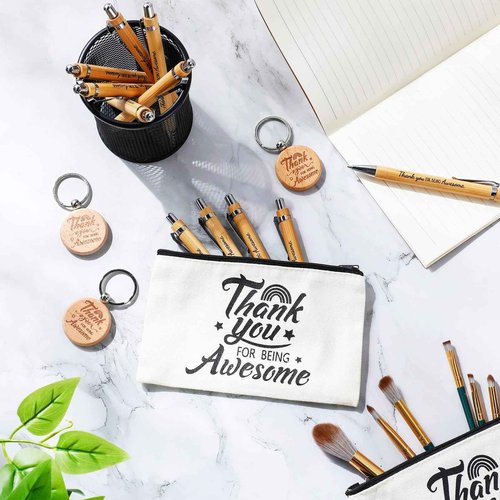 Silkfly 36 Pcs Christmas Employee Appreciation Gifts Bulk Cosmetic Makeup Bag Wooden Inspirational Ballpoint Pen Keychain Thank You Gifts for Coworkers Office Staff Team