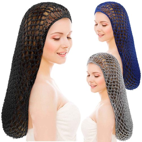 Waydress 3 Pcs Mesh Crochet Hair Nets Rayon Knit Snood Hat Cover 20 Inch Crocheted Sleeping Cap for Women Long Curly Hair(Black, Gray, Sapphire)