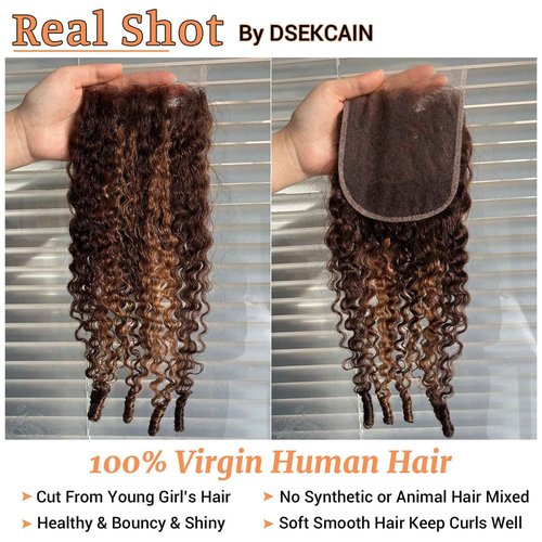 DSEKCAIN Highlight 5x5 Burmese Curly Closure P4/27 100% Real Human Hair Burmese Curly With Spiral Curl End 5x5 Transparent HD Lace Closure Brown Honey Blonde Piano Color 12 Inch