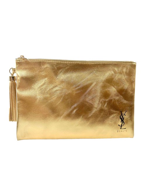 Yves Saint Laurent YSL Cosmetic GOLD FLAT Pouch Makeup Bag YSL Fragrance Bag (9.25L X 6H X 0.25W)- MINI/SMALL - (9393)