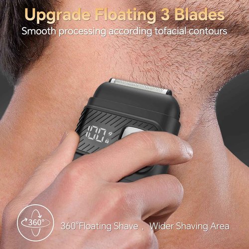 Electric Foil Shavers for Men: Mini Electric Razor for Beard/Face with 3 Floating Blades & LED Display, Cordless Face Shaver with IPX6 Waterproof Wet/Dry, USB-C Fast Chage & Travel Lock, Carbon Black