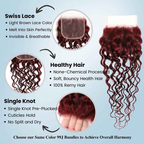 ALHER 4x4 HD Lace Closure Brazilian Human Hair 99j Dark Burgundy Water Wave, 12A Cherry Red Wine Red Color 4x4 Lace Closure 100% Unprocessed Remy Hair Wet n Wavy Free Part & Bleached Knots 12 Inch
