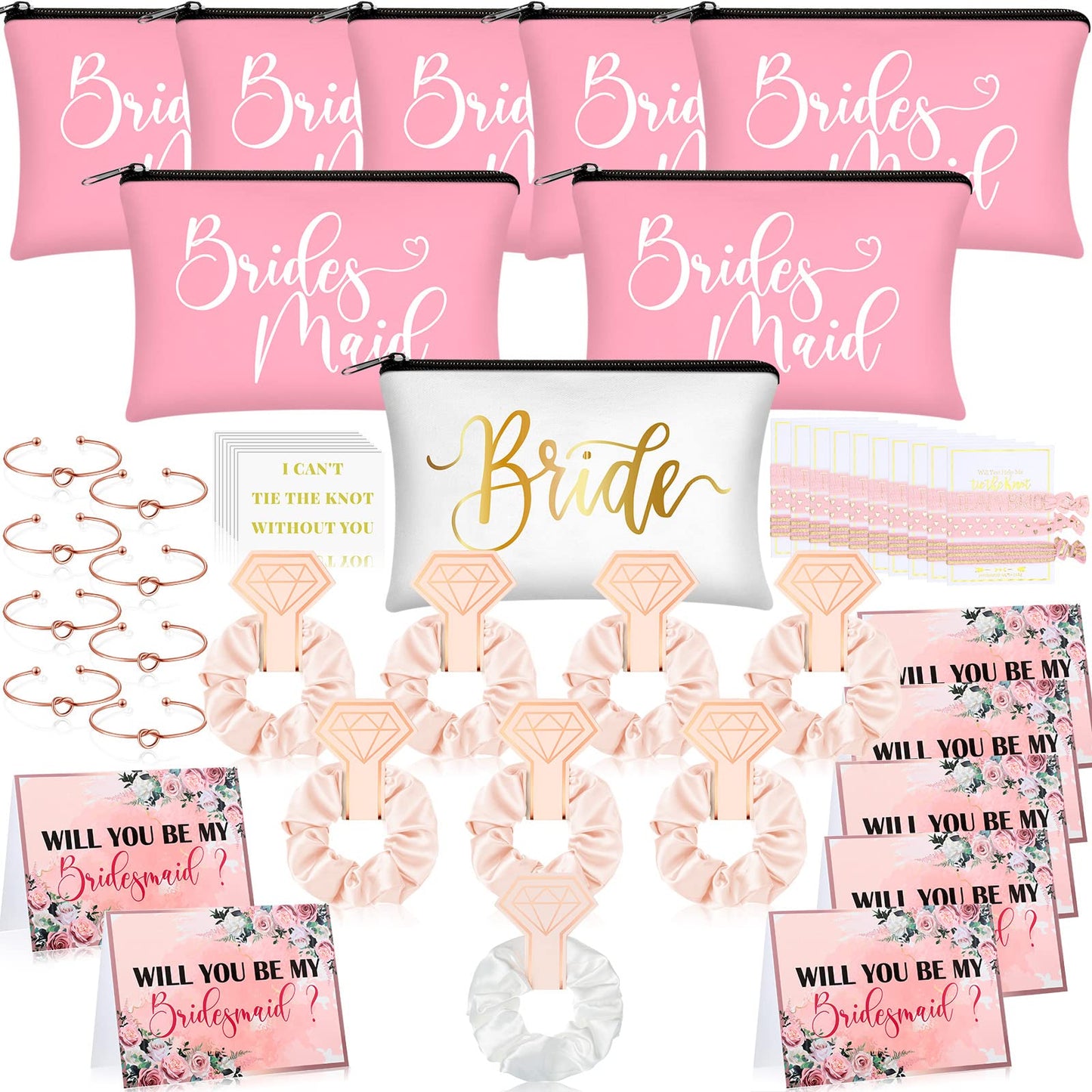 63 Pcs Bridesmaid Proposal Gifts Bulk Maid of Honor Gifts Matron of Honor Gifts Brides Bridesmaid Cosmetic Makeup Bag Hair Knotted Bracelets Invitation Cards for Wedding Bachelorette (Fresh Style)