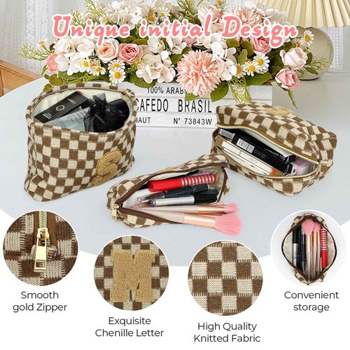 Silongder 3 Pcs Makeup Bag Cosmetic bags for women Large Capacity Checkered Cosmetic Bag Canvas Travel Toiletry Bag Organizer Cute Makeup Bag Mother's Day Birthday Gift for Women (Brown M)