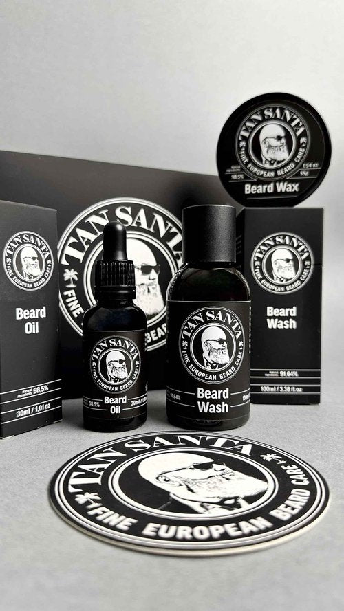 Tan Santa Beard Care Kit for Men - 3 pack - Beard Oil, Beard Wash, and Beard Wax. Small batch European formulations