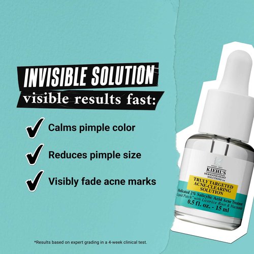 Kiehl's Truly Targeted Acne-Clearing Pimple Patch with 2% Salicylic Acid, Invisible Liquid Spot Treatment, 4% Niacinamide Fades Post-Acne Marks, 0.2% Licorice Root Soothes Redness - 0.5 fl oz