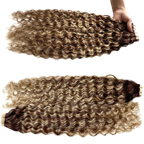 Water Wave Tape in Hair Extensions Human Hair, Ombre Chocolate Brown to Strawberry Honey Blonde Highlights Invisible Loose Curly Tape ins for Black Women Skin Weft Glue in Real Remy Extension 14 Inch