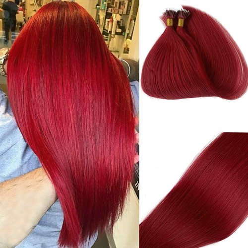 #99J Nano Tip Hair Extensions Human Hair for Women,Burgundy Nano Ring Hair Extensions 18 Inch Color #99J Wine Red Hair Extension 100% Natural Human Hair Extensions 50g/50s