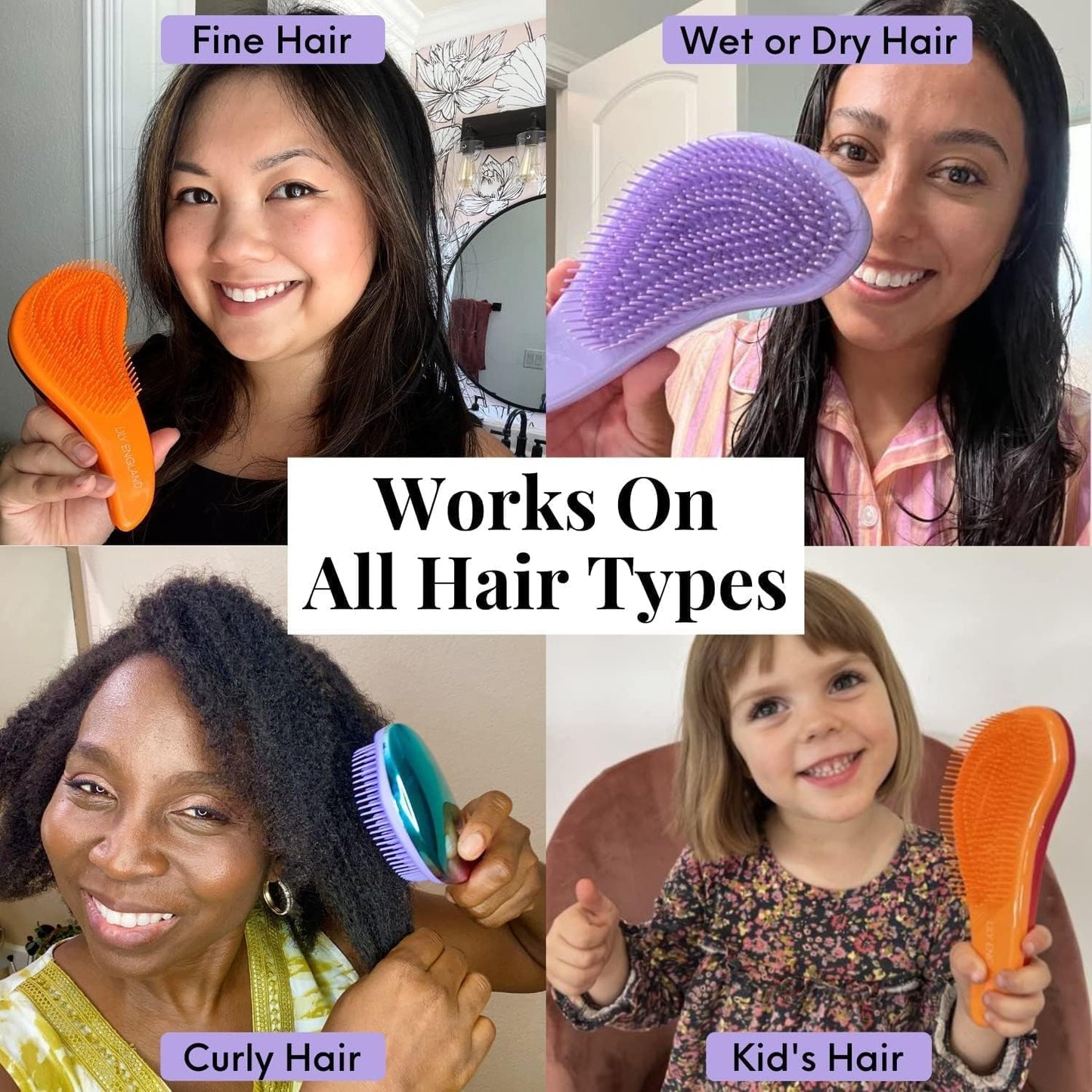 Lily England Detangler Brush for Curly Hair, Thick, Straight & Natural Hair - Gentle Detangling Hair Brush for Women, Kids & Toddlers with Flexible Bristles - Hairbrush for Wet & Dry Hair, Purple