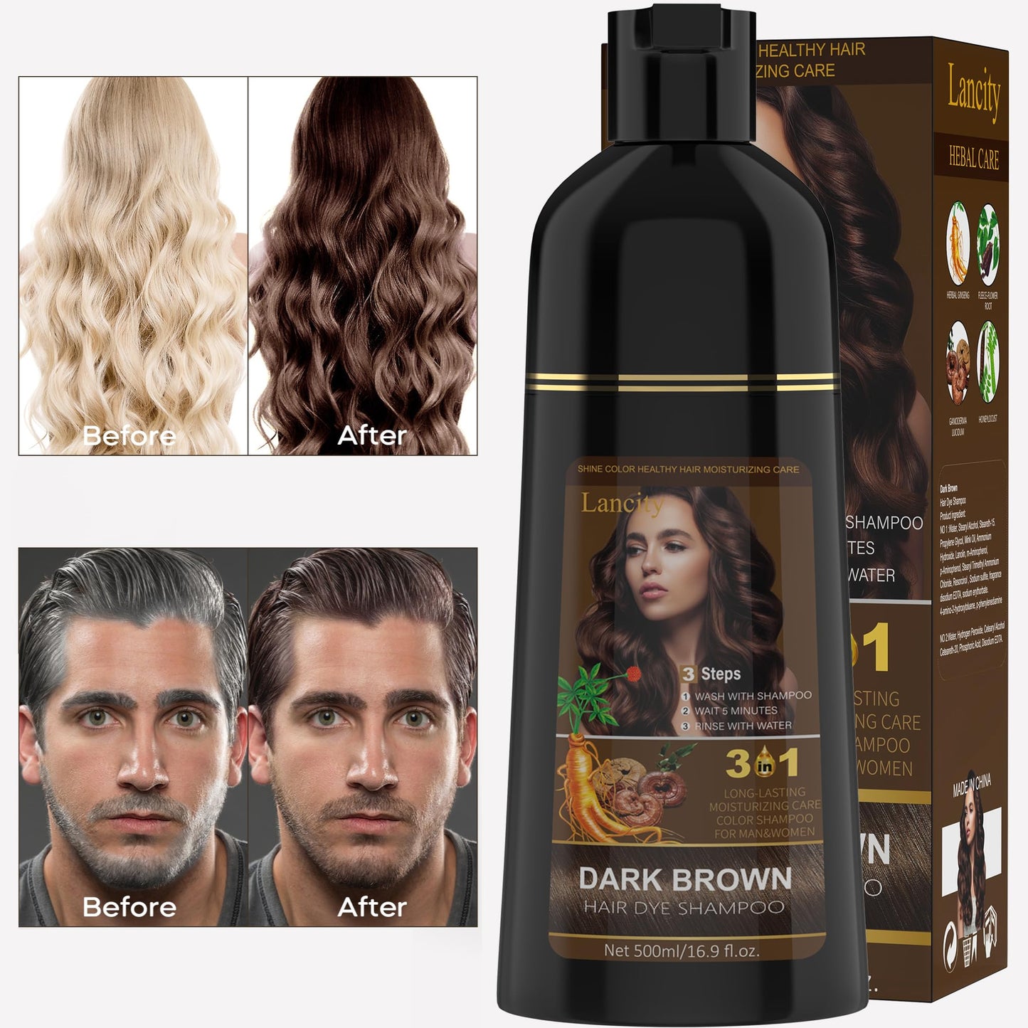 Hair Dye Shampoo 3-In-1 Hair Color Shampoo Instant Coloring Gray Hair Coverage Nature Herbal treated for Men and Women (500mL,17.6 Fl Oz) (Brown)