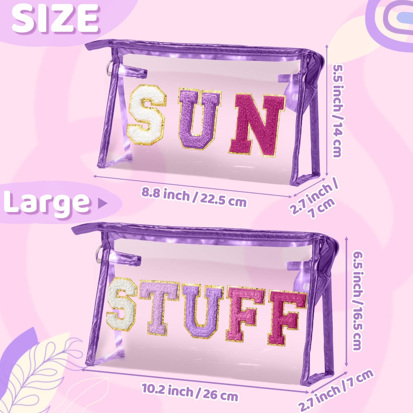 Y1tvei SUN STUFF Makeup Bag - 2Pcs Preppy Patch Chenille Varsity Letter Transparent PVC Extra Large Clear Cosmetic Pouch Portable Waterproof Travel Organizer Toiletry Compliant Bag for Women(Purple)