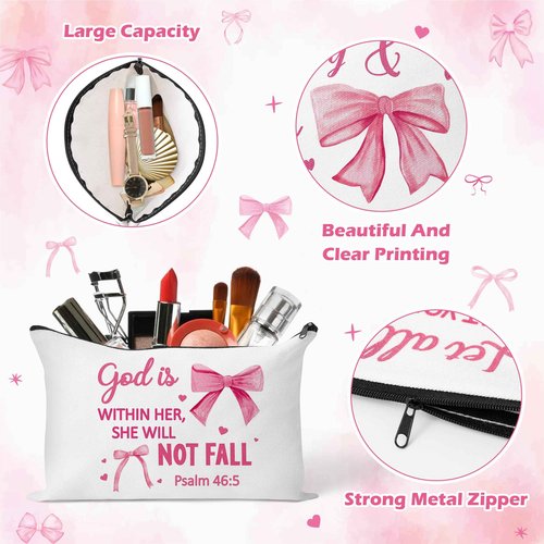 Y1tvei Bow Bible Cosmetic Bags - 30Pcs Pink Coquette Mini Bible Verse Makeup Bag with Zipper, White Canvas Large Capacity Cosmetic Bags Set Gifts Bulk for Women Girls Inspirational Church Party Favors
