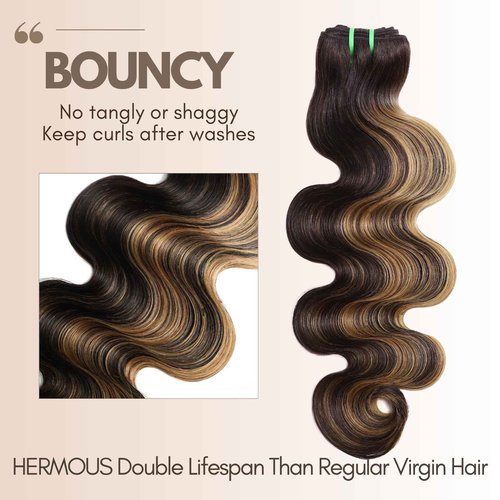 HERMOUS 13A Double Drawn FB/27 Human Hair Bundles Body Wave Blonde Highlight Color, Honey Blonde with Black Single Bundle Human Hair 100% Unprocessed Hair Colored Single Bundle Wavy Sew In 10 Inch