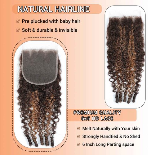 DSEKCAIN Highlight 5x5 Burmese Curly Closure P4/27 100% Real Human Hair Burmese Curly With Spiral Curl End 5x5 Transparent HD Lace Closure Brown Honey Blonde Piano Color 12 Inch